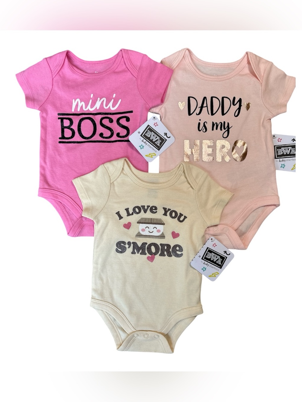 NWT Set of 3 Baby Girl Graphic Onesies | Pink & Cream | 6 months